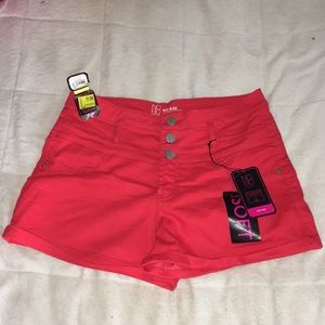 red, high waisted jean shorts